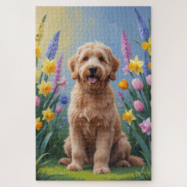 Goldendoodle Dog Spring Blumen Malerei (Vertikal)