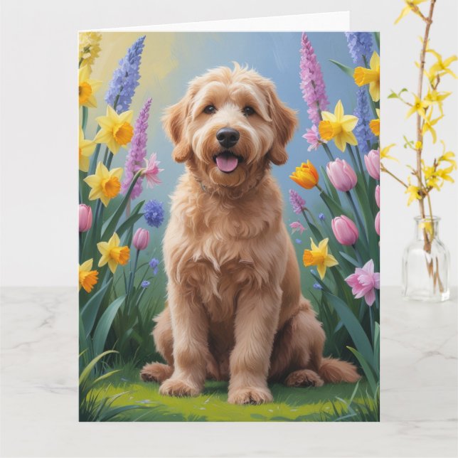 Goldendoodle Dog Spring Blumen Malerei Karte (Gelbe Blume)