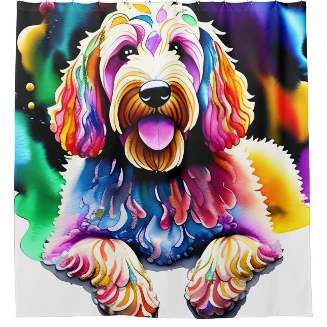 Goldendoodle Duschvorhang "Happy Dog" (Vorderseite)
