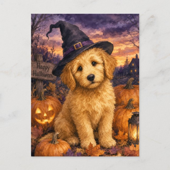 Goldendoodle Hexenhut Kürbis Postkarte (Vorderseite)