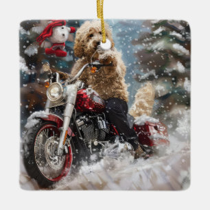 Goldendoodle Hund fährt Motorrad Weihnachten Keramikornament