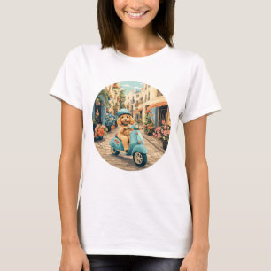 Goldendoodle-Hund fährt Roller durch europäische S T-Shirt