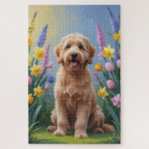 Goldendoodle-Hund-Frühlingsblumen-Malerei