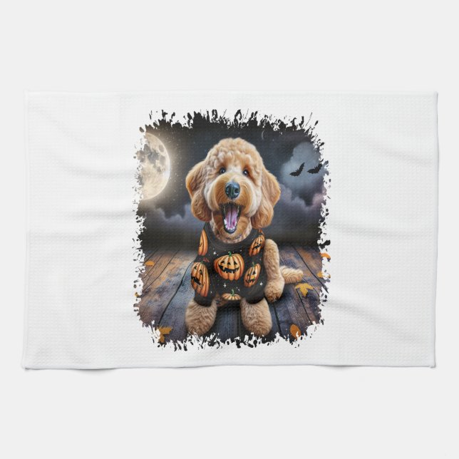 Goldendoodle Hund Halloween Geschirrtuch (Horizontal)