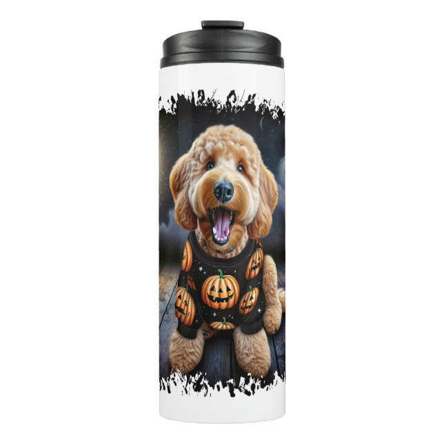 Goldendoodle Hund Halloween Thermosbecher (Vorderseite)