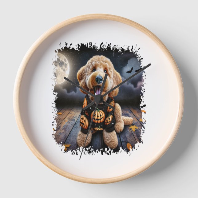 Goldendoodle Hund Halloween Uhr (Vorderseite)