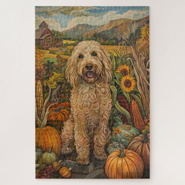 Goldendoodle Hund Herbst Ernte Erntedank (Vertikal)