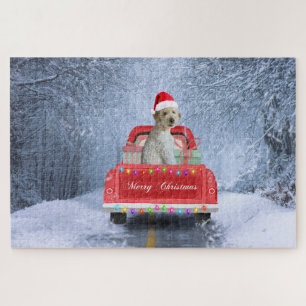 Goldendoodle-Hund im Schnee sitzt in Weihnachten