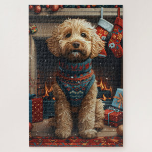 Goldendoodle-Hund mit Weihnachtsgeschenken am Kami