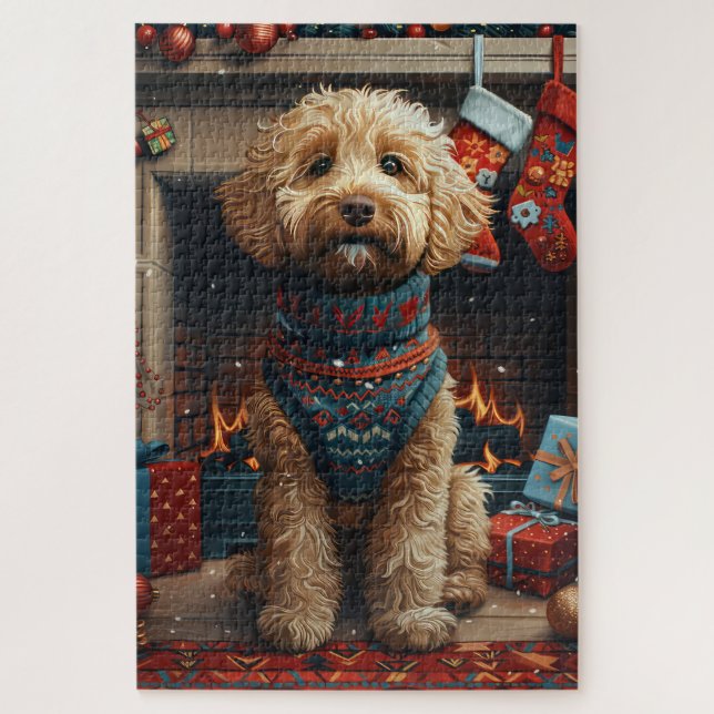 Goldendoodle Hund mit Weihnachtsgeschenken Feuerpl (Vertikal)