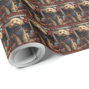 Goldendoodle Hund mit Weihnachtsgeschenken Feuerpl Geschenkpapier