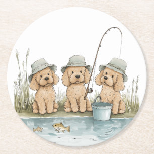 Goldendoodle Hunde angeln Runder Pappuntersetzer