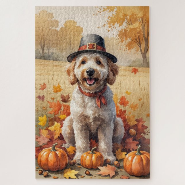 Goldendoodle im Herbst belebt Erntedank Kunst (Vertikal)