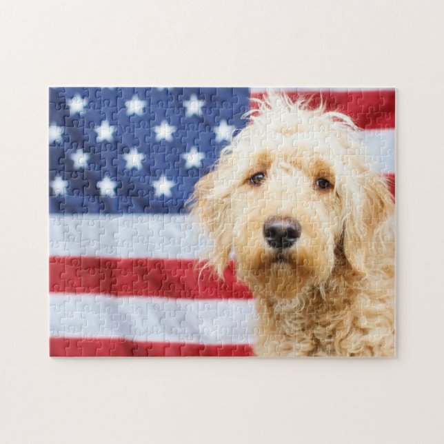 Goldendoodle mit amerikanischer Flagge (Horizontal)