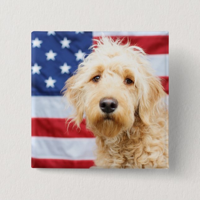 Goldendoodle mit amerikanischer Flagge Button (Vorderseite)