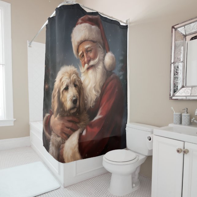 Goldendoodle mit dem Weihnachtsmann Weihnachten Duschvorhang (Beispiel)