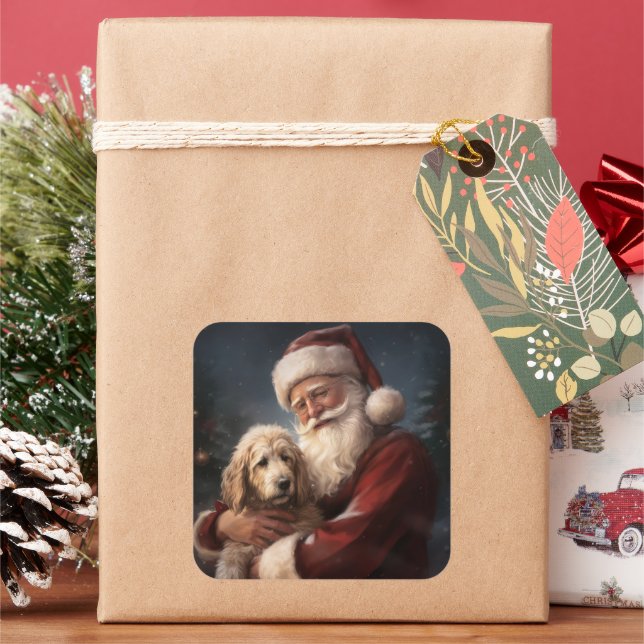 Goldendoodle mit dem Weihnachtsmann Weihnachten Quadratischer Aufkleber (Feiertag)