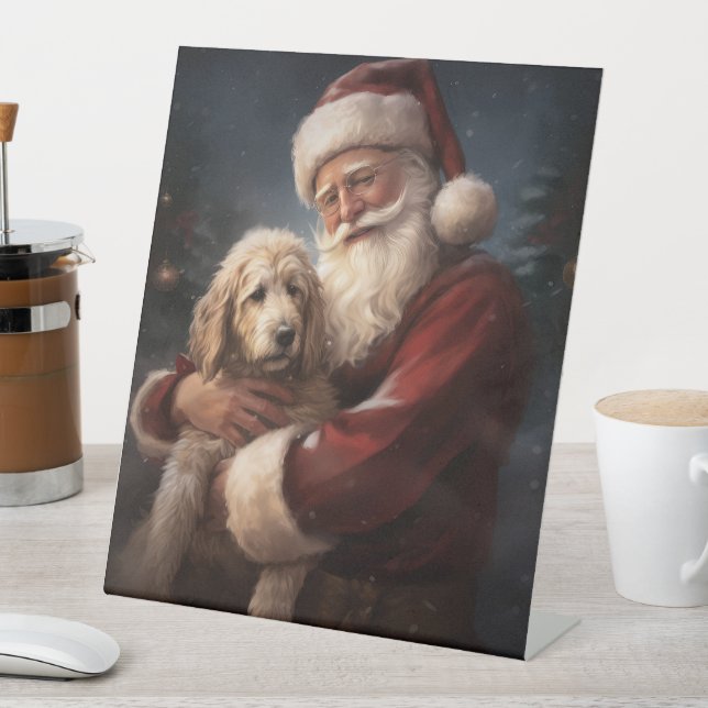 Goldendoodle mit dem Weihnachtsmann Weihnachten Sockelschild (In Situ)