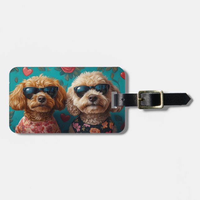 Goldendoodle mit Herz-Rose Valentinstag Gepäckanhänger (Vorderseite horizontal)