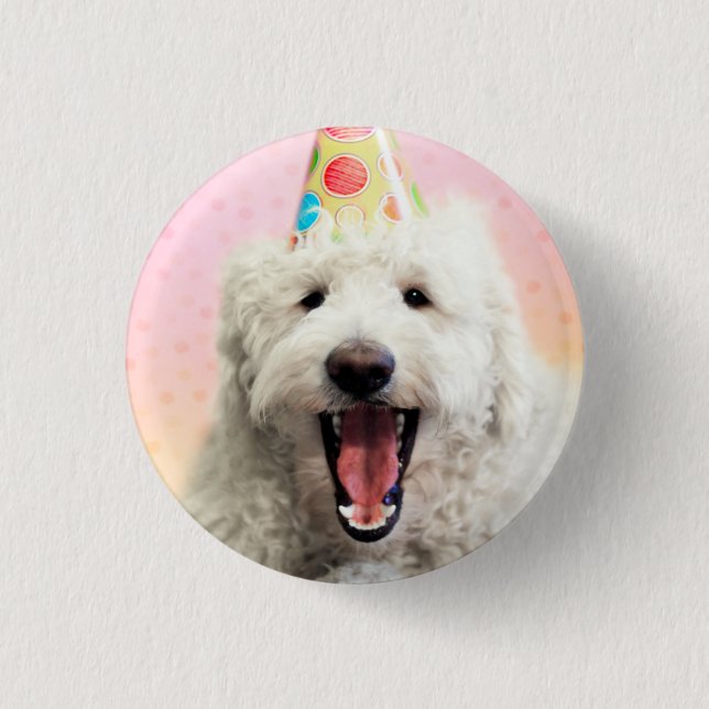 Goldendoodle mit Party-Hut Button (Vorderseite)