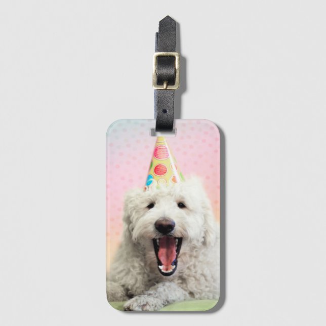 Goldendoodle mit Party-Hut Gepäckanhänger (Vorderseite Vertikal)