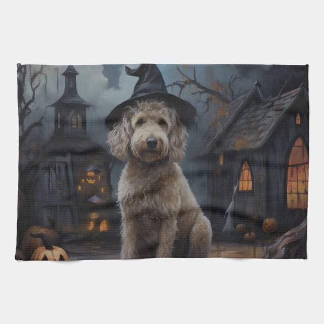 Goldendoodle Pumpkins Halloween Beängstigend Geschirrtuch (Horizontal)