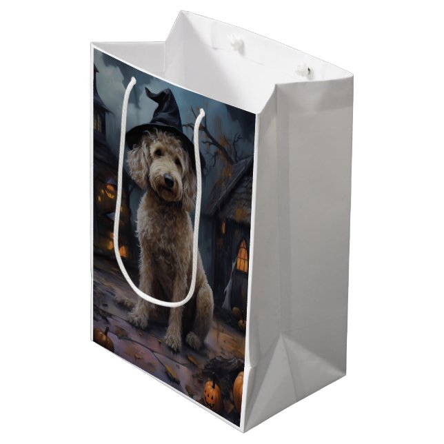 Goldendoodle Pumpkins Halloween Beängstigend Mittlere Geschenktüte (Vorderseite Schrägansicht)