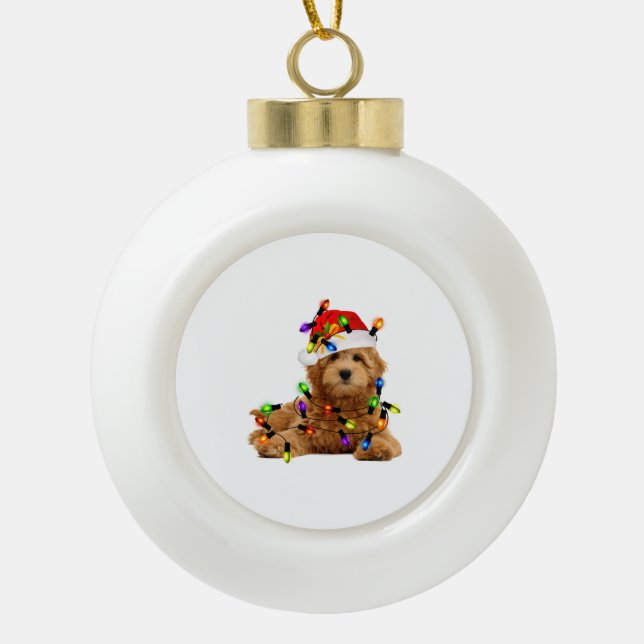 Goldendoodle Santa Dog Keramik Kugel-Ornament (Vorderseite)