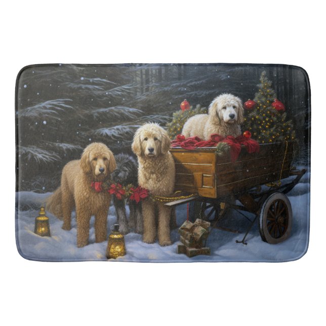 Goldendoodle Snowy Sleigh Weihnachtsdekor Badematte (Vorderseite)