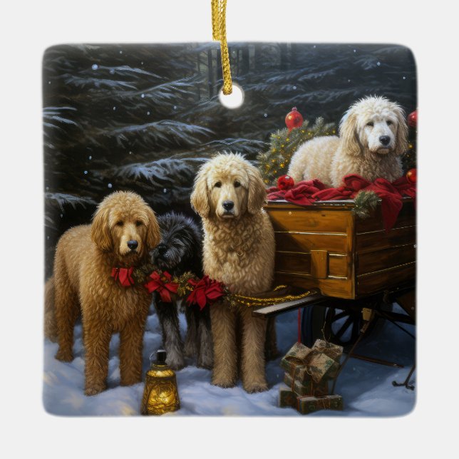 Goldendoodle Snowy Sleigh Weihnachtsdekor Keramikornament (Vorderseite)