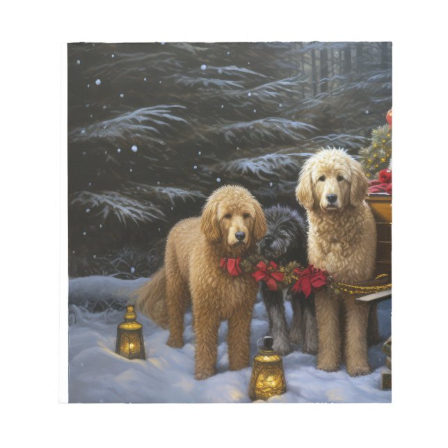 Goldendoodle Snowy Sleigh Weihnachtsdekor Notizblock (Vorderseite)