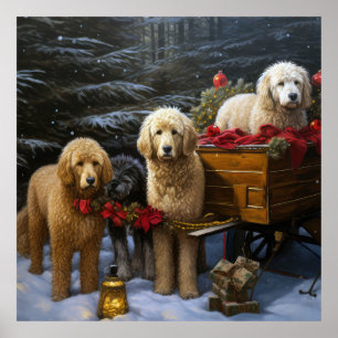 Goldendoodle Snowy Sleigh Weihnachtsdekor Poster