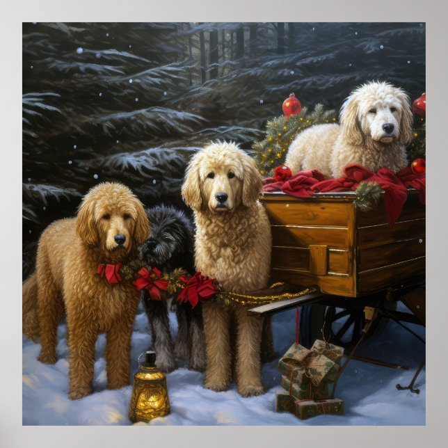 Goldendoodle Snowy Sleigh Weihnachtsdekor Poster (Vorne)