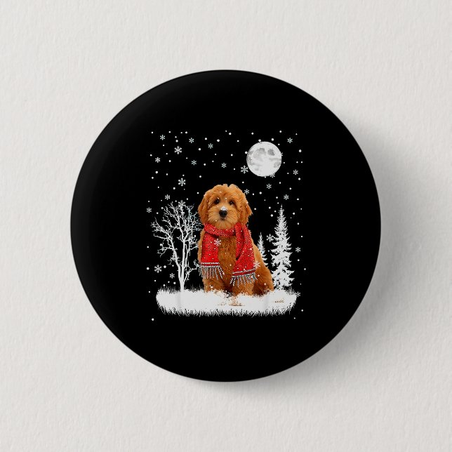 Goldendoodle Under Moonlight Snow Christmas Pajama Button (Vorderseite)