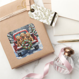 Goldendoodle Weihnachten Rotes Lastwagen Urlaub Quadratischer Aufkleber