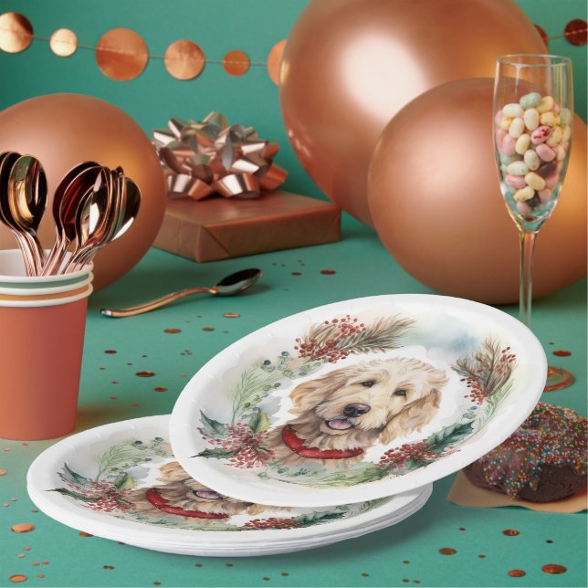 Goldendoodle Weihnachtsfeier Festliche Jungfrau Pappteller (Multi)