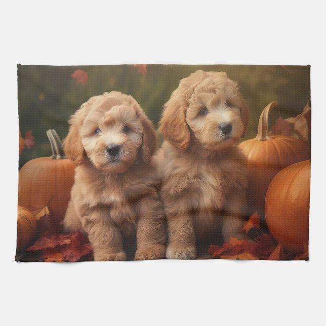 Goldendoodle Welpe Herbst Kürbis Geschirrtuch (Horizontal)