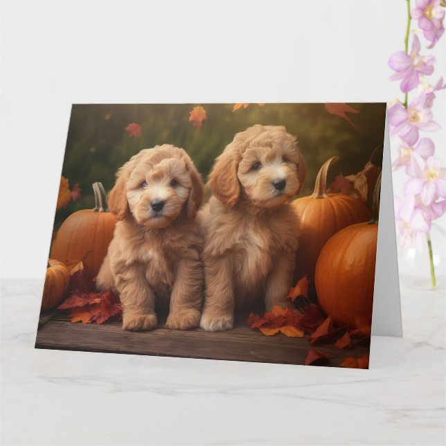 Goldendoodle Welpe Herbst Kürbis Karte (Orchidee)