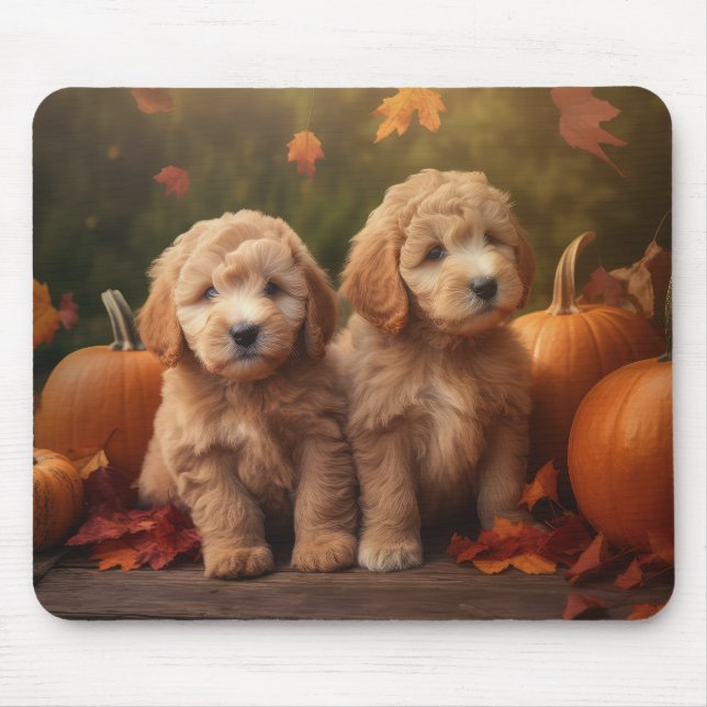 Goldendoodle Welpe Herbst Kürbis Mousepad (Vorne)