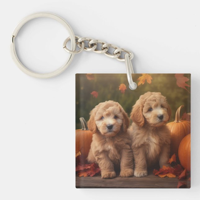 Goldendoodle Welpe Herbst Kürbis Schlüsselanhänger (Vorderseite)