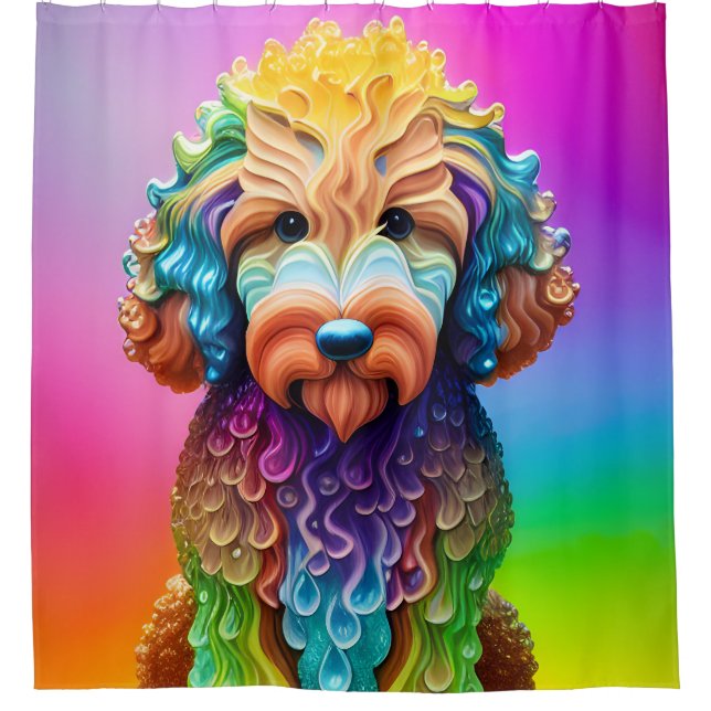 Goldendoodle Welppy Lil Dood farbenfroh Duschvorhang (Vorderseite)