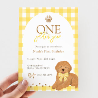 Goldendoodle Yellow Gingham First Birthday Einladung