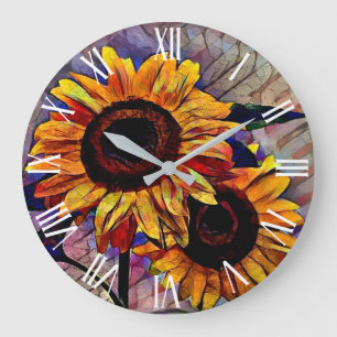 Goldene 2 glänzende Sonnenblumen Elegante Kollekti Große Wanduhr