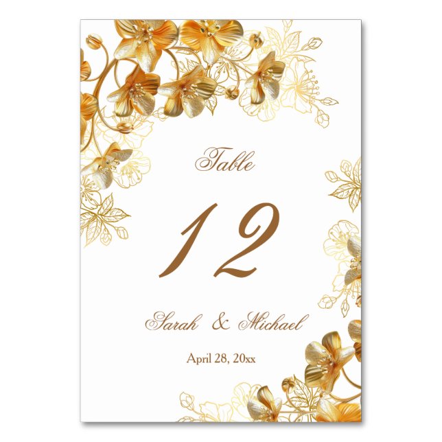 Goldene 3D-Blumenhochzeit   Tischnummer (Vorderseite)