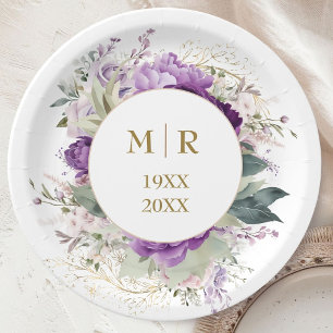 Goldene 50. Hochzeitstag Lila Pfingstrose Floral Pappteller