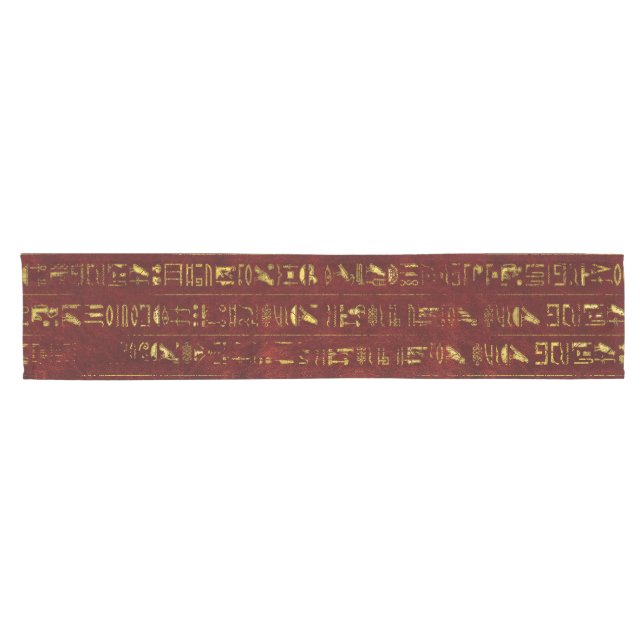 Goldene ägyptische Hieroglyphen auf rotem Leder Kurzer Tischläufer (Horizontal)