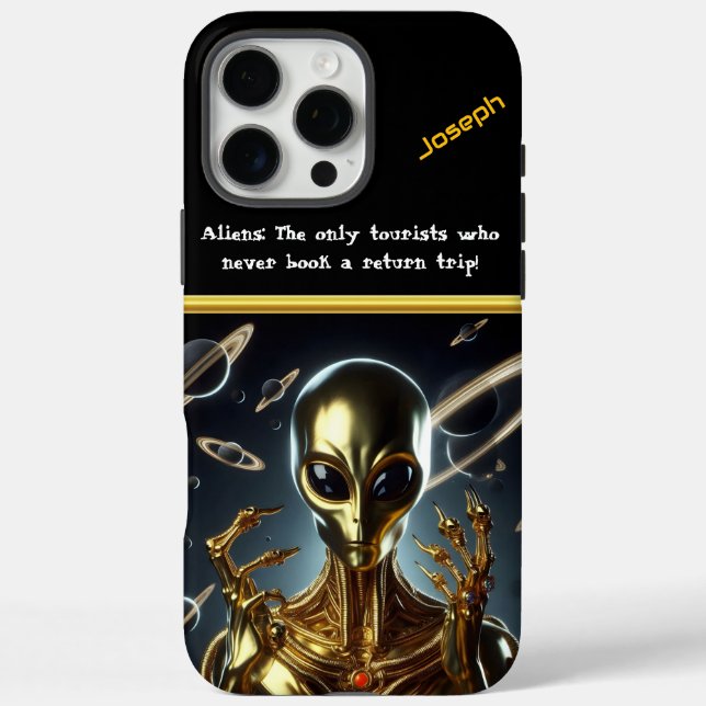 Goldene Alien unter kosmischen Ringen im Bereich 5 iPhone 16 Pro Max Hülle (Rückseite)