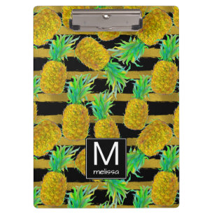 Goldene Ananas auf Monogramm der Streifen- Klemmbrett