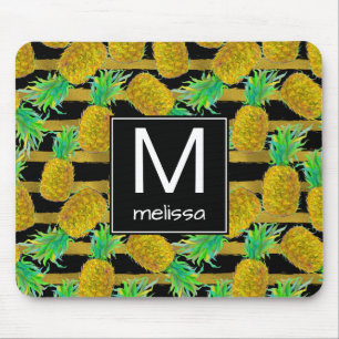 Goldene Ananas auf Monogramm der Streifen-  Mousepad