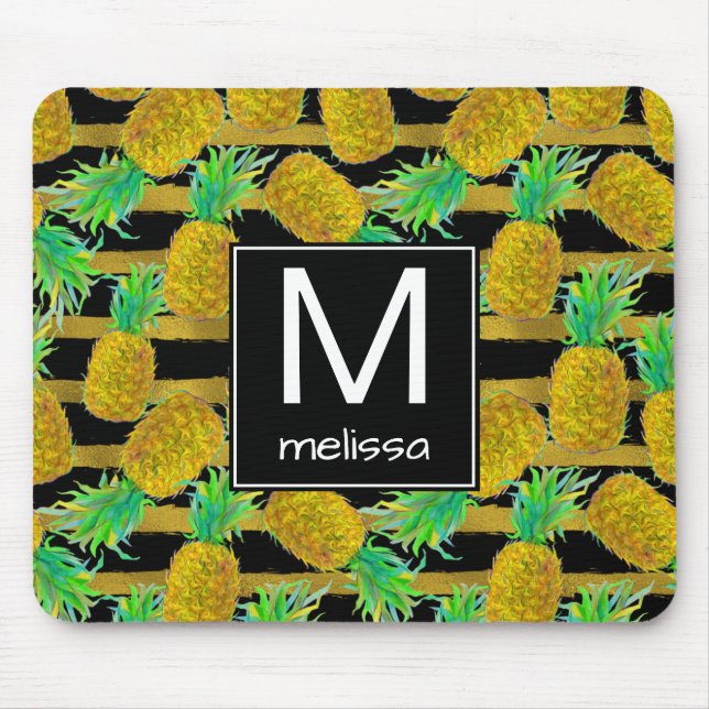Goldene Ananas auf Monogramm der Streifen-| Mousepad (Vorne)